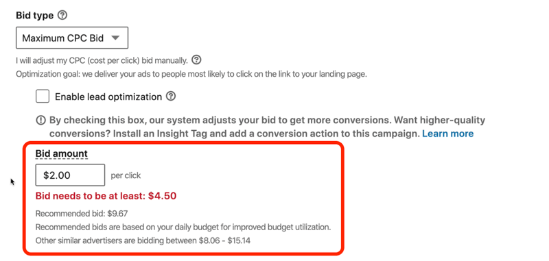 snímek obrazovky s červeným nápisem „Nabídka LinkedIn musí být alespoň 4,50 $“