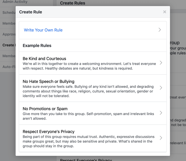 Jak zlepšit komunitu skupiny na Facebooku, příklad předem napsaných pravidel pro skupinu na Facebooku