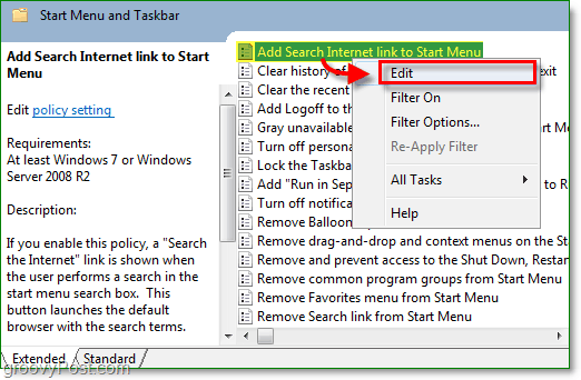 klepnutím na odkaz Přidat vyhledávací internet spusťte nabídku a poté klepněte na možnost Upravit z kontextové nabídky Windows 7 pravým tlačítkem