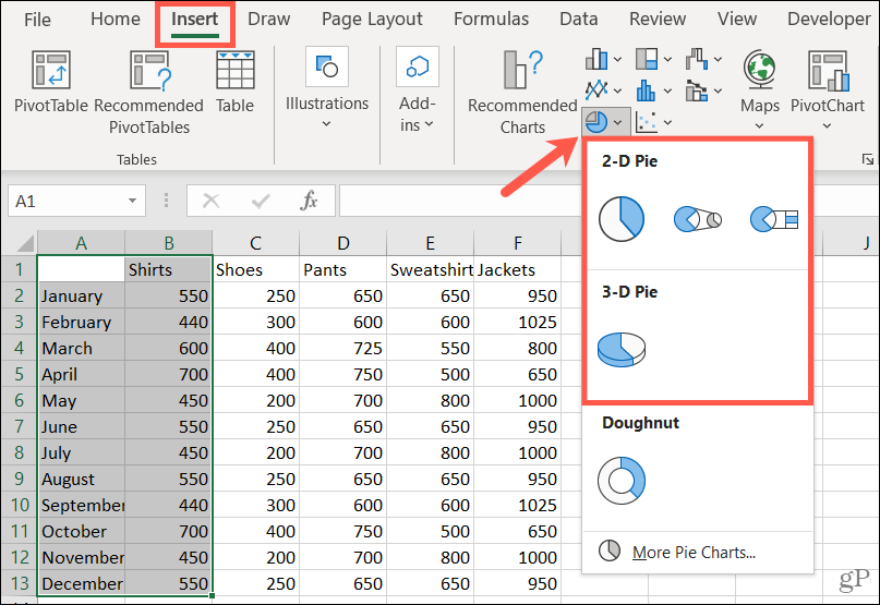 Vyberte styl a vytvořte výsečový graf v aplikaci Excel