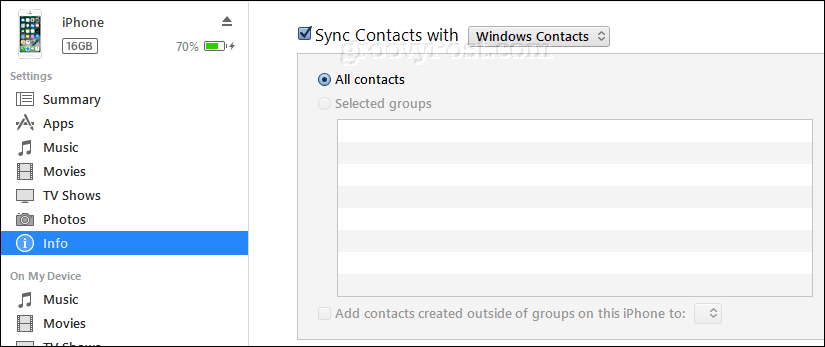 synchronizovat kontakty iphone s kontakty Windows pomocí itunes
