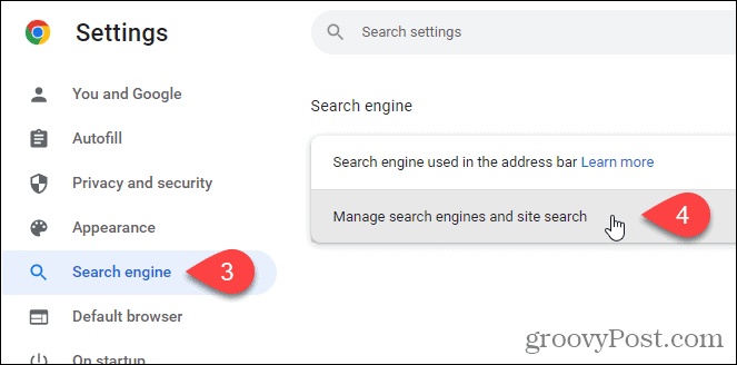 Na obrazovce Vyhledávač v prohlížeči Chrome klikněte na Spravovat vyhledávače a vyhledávání na webu