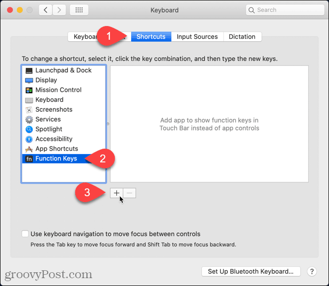 Na obrazovce klávesových zkratek Mac klikněte na ikonu plus