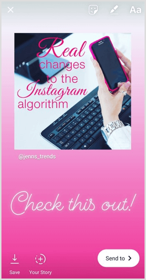 Přidejte text, samolepky nebo jiné komponenty do sdíleného příspěvku ve svém příběhu na Instagramu.