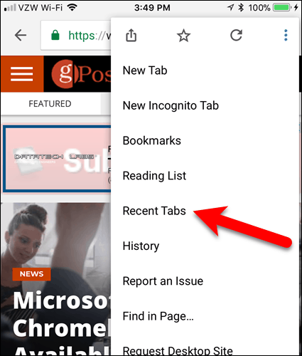 V prohlížeči Chrome klepněte na Nedávné karty