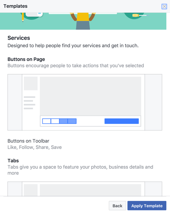 Různé šablony stránek na Facebooku mají různé výzvy k akci, tlačítka na panelu nástrojů a karty konkrétně vybrané a uspořádané pro daný typ podnikání.