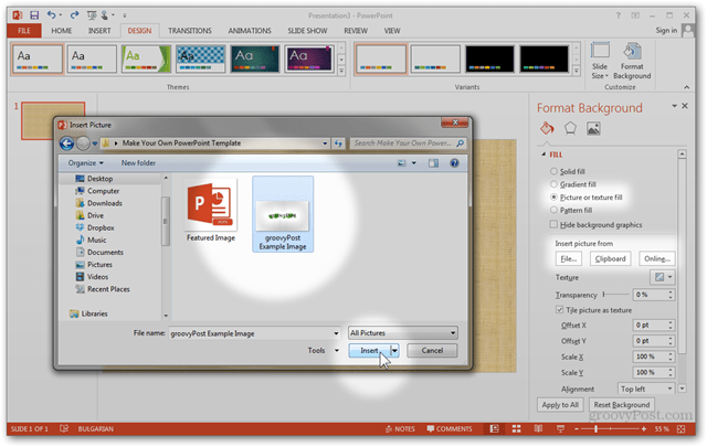 Šablona sady Office 2013 Vytvořte si vlastní design POTX Přizpůsobte snímky diapozitivů Výukový program Jak zobrazit obrázek Textura Vyplnit Importovat soubor schránky
