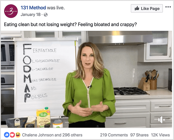 Stránka 131 Metoda na Facebooku zveřejňuje video o čistém stravování.