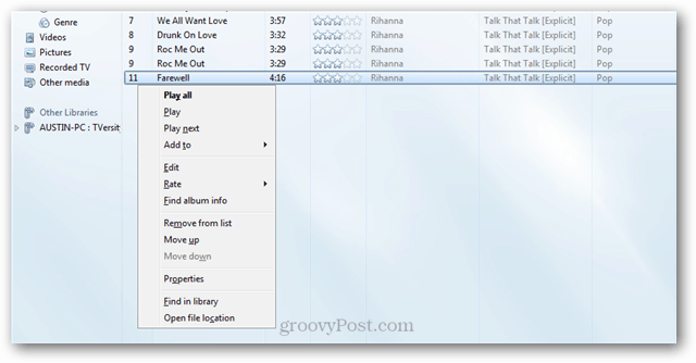 Windows Media Player kontextové menu