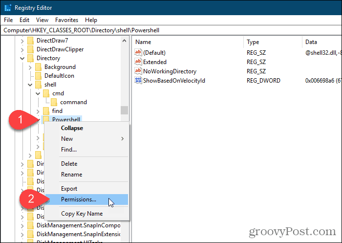 Vyberte oprávnění pro klíč Powershell v Editoru registru systému Windows