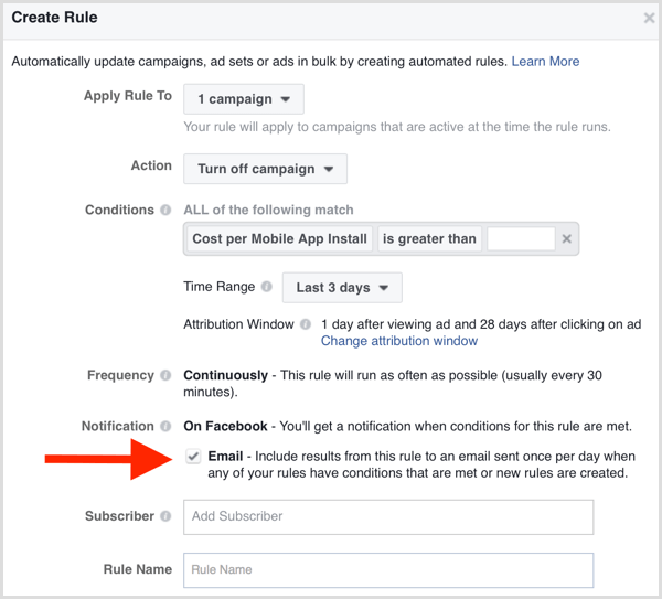 E-mailové upozornění na automatické pravidlo Facebook Ads Manager