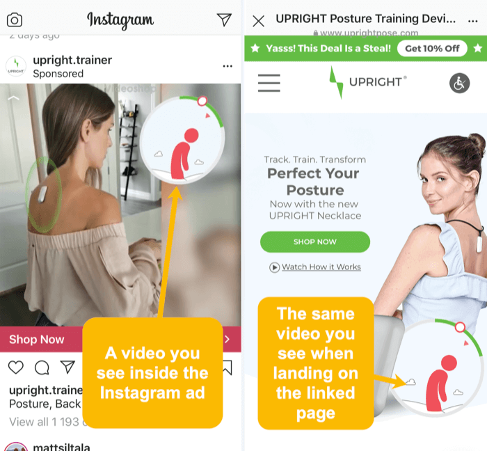 stejné video a vizuální prvky v reklamě Instagram a odkazované vstupní stránce