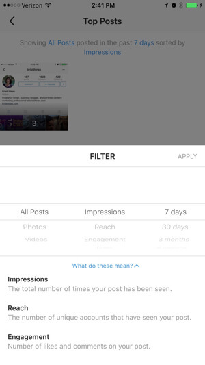 filtr statistik obchodního profilu instagramu