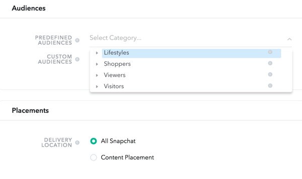 Snapchat vám umožňuje vybrat si publikum ze čtyř předdefinovaných kategorií.