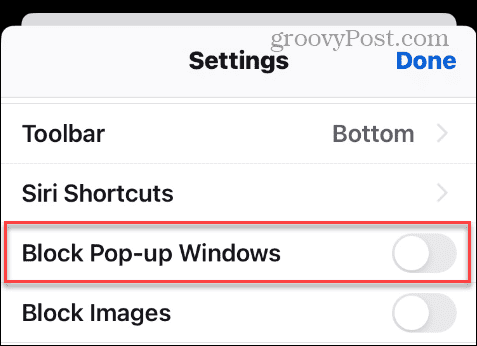 Možnost Blokovat vyskakovací okna v nastavení iPhone Firefox