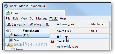 nástroje Thunderbird> doplňky
