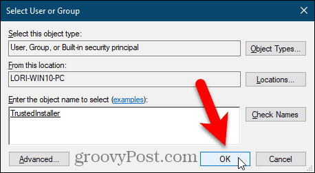 Zavřete dialogové okno Vybrat uživatele nebo skupinu v Editoru registru systému Windows
