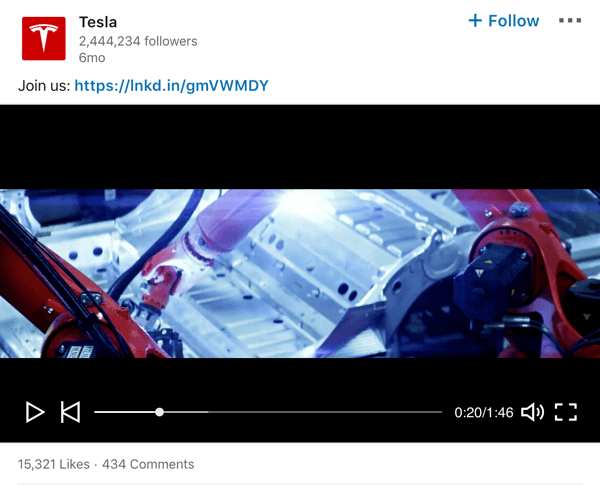 Příklad video příspěvku na stránce společnosti Tesla LinkedIn.