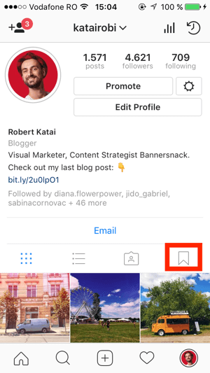 Chcete-li vytvořit sbírku, přejděte do svého profilu Instagram a klepněte na ikonu Záložka.