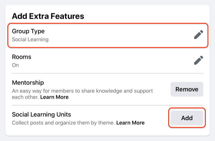 příklad nastavení jednotky skupiny facebook se zvýrazněním možnosti typu skupiny