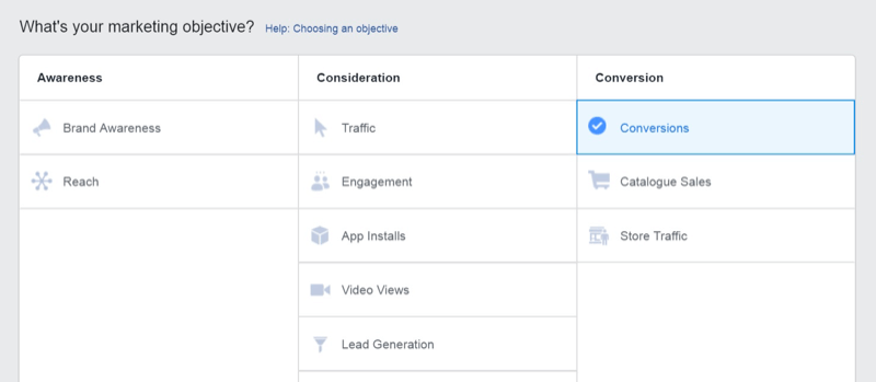 Marketingová strategie sociálních médií; Screenshot cíle Konverze ve službě Facebook Ads Manager.