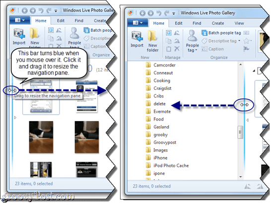 Změna velikosti podokna navigace ve Windows Live Photo Gallery