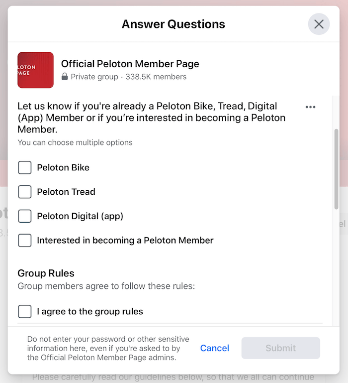 příklad dotazů na skupinové facebookové dotazy pro oficiální skupinu členů pelotonské stránky