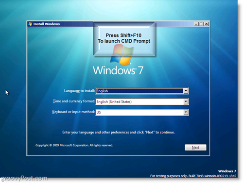 Windows 7 Install - Spusťte CMD Prompt pomocí Shift + F10