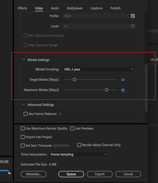 Nastavení pro změnu datového toku při exportu videa z aplikace Adobe Premier Pro.