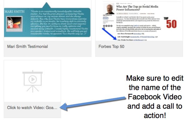 Když do svého profilu přidáte odkazy na videa z Facebooku, upravte název tak, aby obsahoval výzvu k akci ke sledování videa.