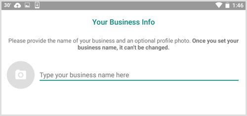 Zadejte název své firmy na obrazovce Vaše firemní informace v WhatsApp Business