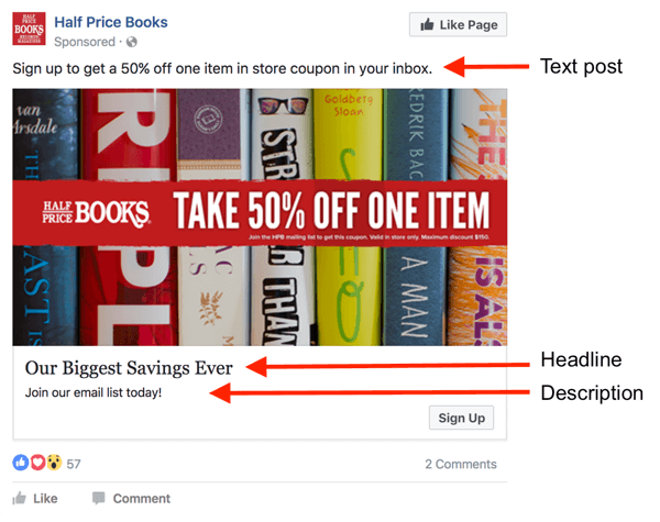 V reklamě na Facebooku existují tři oblasti pro text.