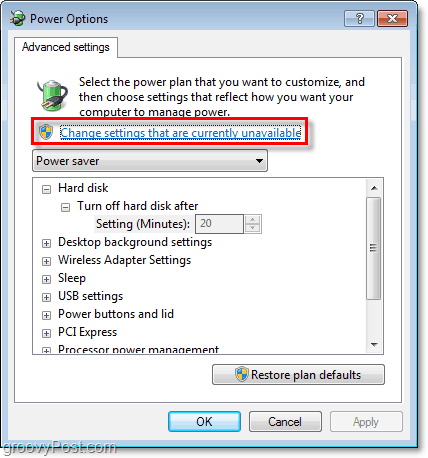 klikněte na nastavení změn, která momentálně nejsou k dispozici, a poté uvidíte všechna šedá nastavení v okně možností pokročilého plánu napájení v systému Windows 7