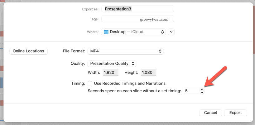 Použití manuálního časování pro exportované video v PowerPointu na Macu