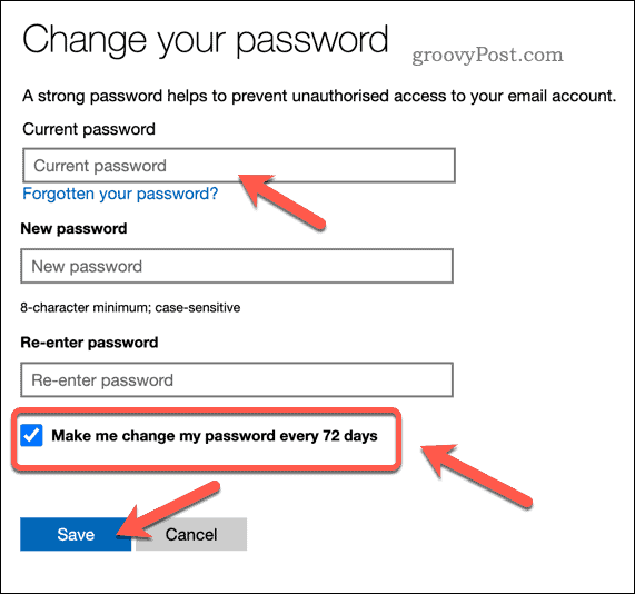 Nastavte vypršení platnosti hesla v účtu Microsoft
