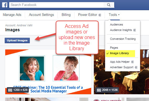 přístup ke knihovně obrázků správce reklam na Facebooku