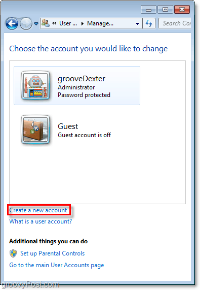 ze stránky přehledů účtů systému Windows 7 použijte odkaz k vytvoření nového účtu