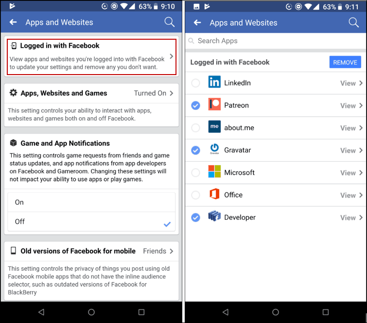 Odebrat aplikace Facebook Mobile