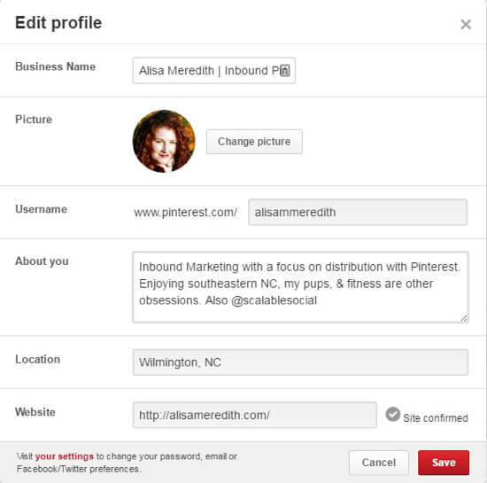 pinterest upravit profil