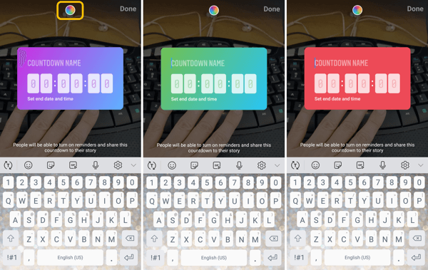 Jak používat nálepku Instagram Countdown pro podnikání, krok 5 možnosti barev odpočítávání nálepky.