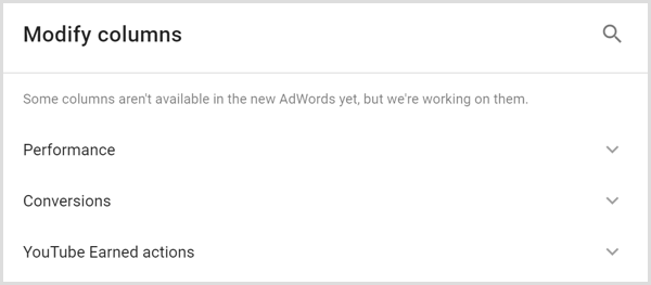 Obrazovka analytiky Google AdWords upravuje sloupce