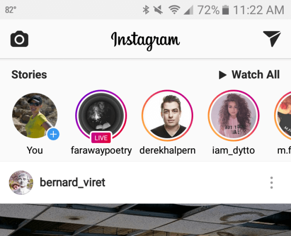 Příběhy Instagramu se zobrazují v horní části vašeho nového zdroje.