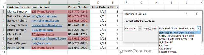 Vyberte Formátování pro duplikáty v aplikaci Excel