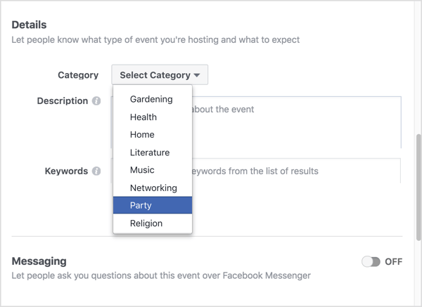 Vyberte kategorii, která nejlépe vystihuje vaši virtuální událost na Facebooku.