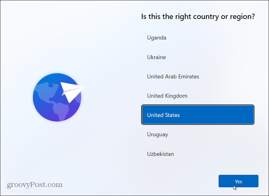 Zvolte Country Install Windows 11