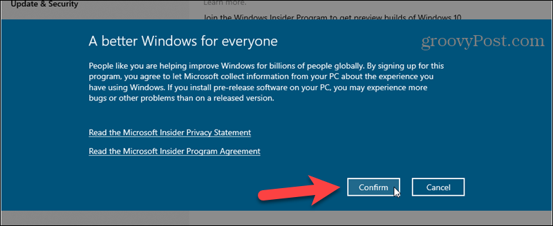 Potvrďte registraci programu Windows Insider