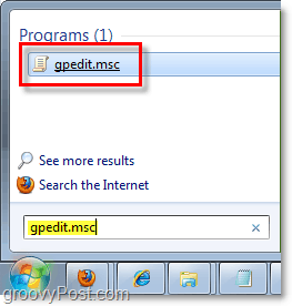 přístup k editoru skupinových zásad (gpedit.msc) z Windows 7 start orb (menu)