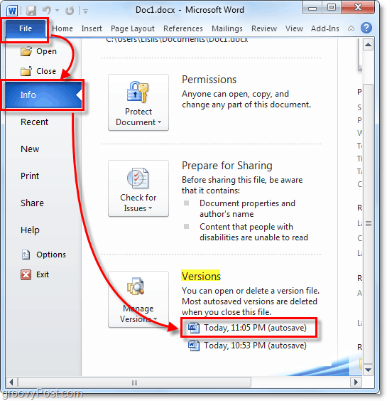 automaticky uložená verze se vrátí do aplikace Outlook 2010