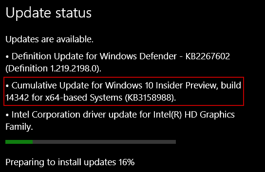 Aktualizace Windows 10 KB3158988 pro Preview Build 14342 pro PC