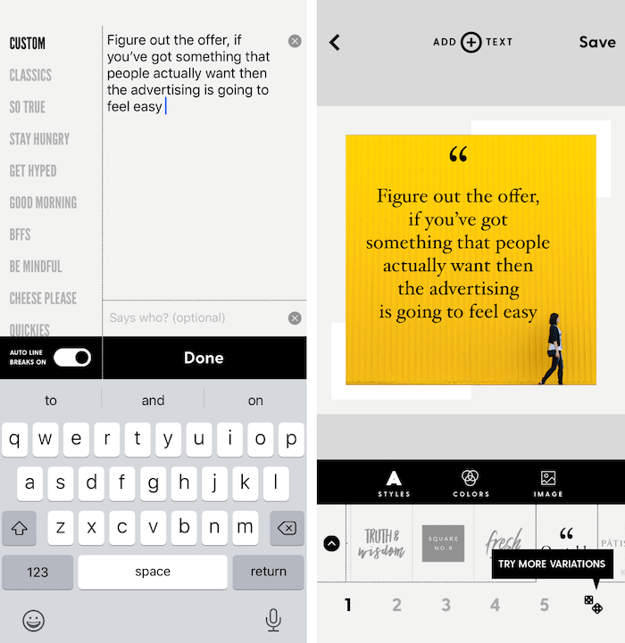 přidejte nabídku a vyberte styl písma v aplikaci Word Swag